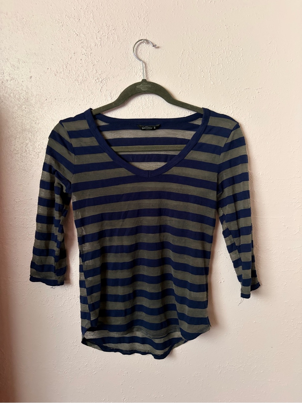 Wallflower Navy & Olive Striped V-Neck 3/4 Sleeve Top - Picture 1 of 3